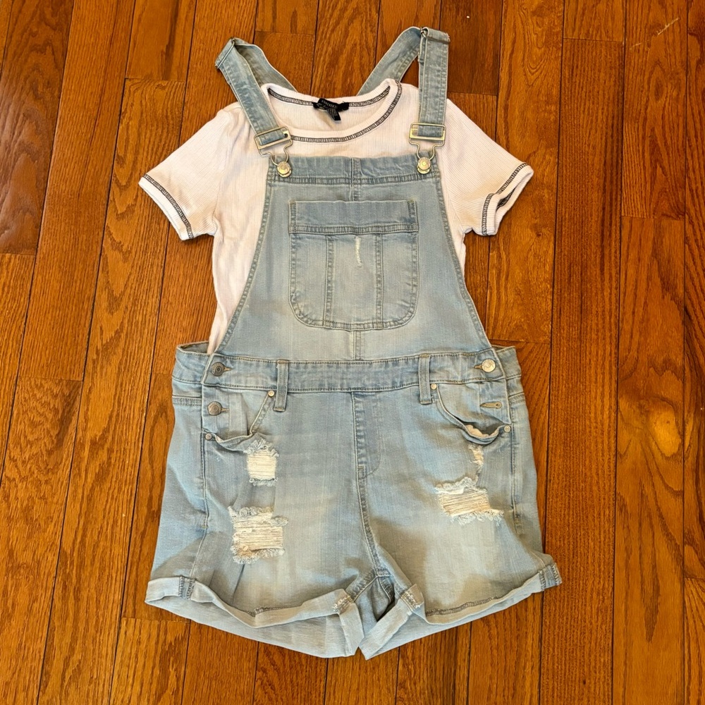 Distressed Light Wash Denim Shorts Overalls